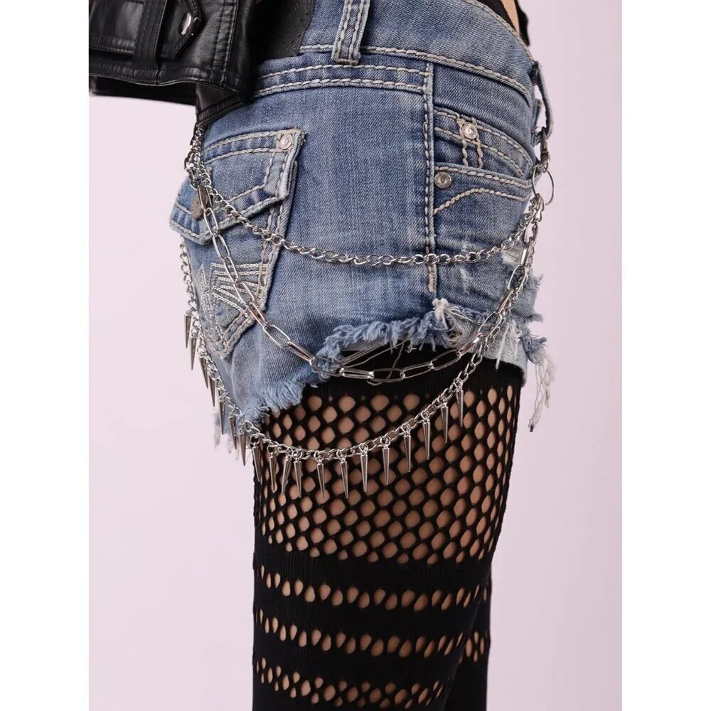 Gothic Layered Silver-tone Spike Chain Wallet Belt Punk Accessories for Men Wome